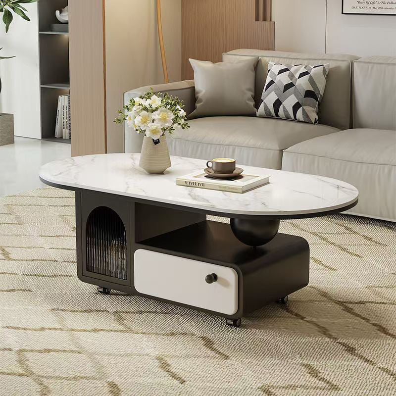 Contemporary Scandinavian Sintered Stone Solid Wood Plywood Acrylic Oval Rectangular Coffee Table With 1-Drawer For Living Room