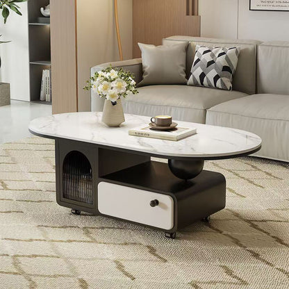 Contemporary Scandinavian Sintered Stone Solid Wood Plywood Acrylic Oval Rectangular Coffee Table With 1-Drawer For Living Room