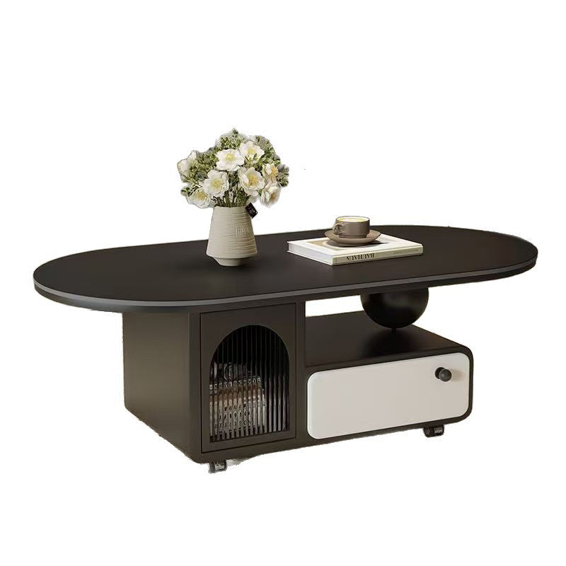 Contemporary Scandinavian Sintered Stone Solid Wood Plywood Acrylic Oval Rectangular Coffee Table With 1-Drawer For Living Room