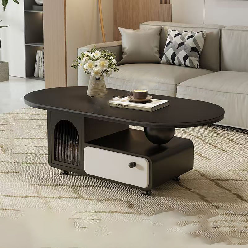 Contemporary Scandinavian Sintered Stone Solid Wood Plywood Acrylic Oval Rectangular Coffee Table With 1-Drawer For Living Room