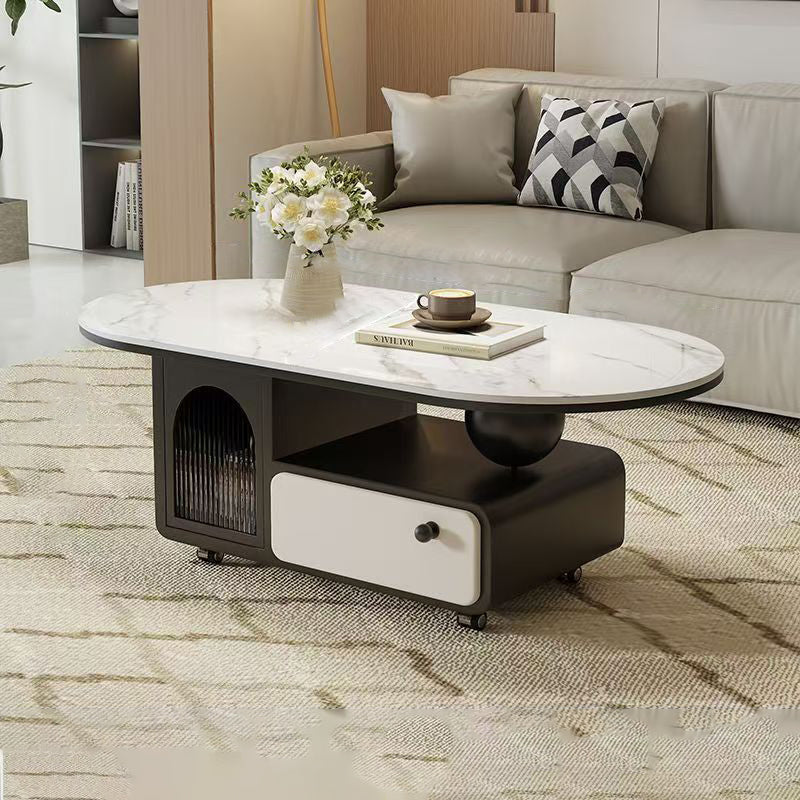 Contemporary Scandinavian Sintered Stone Solid Wood Plywood Acrylic Oval Rectangular Coffee Table With 1-Drawer For Living Room