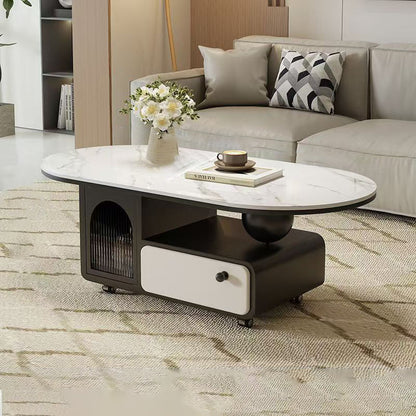 Contemporary Scandinavian Sintered Stone Solid Wood Plywood Acrylic Oval Rectangular Coffee Table With 1-Drawer For Living Room