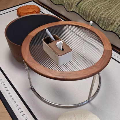 Traditional French Sintered Stone Glass Solid Wood Plywood Stainless Steel Round Curved Coffee Table With 1-Tier For Living Room