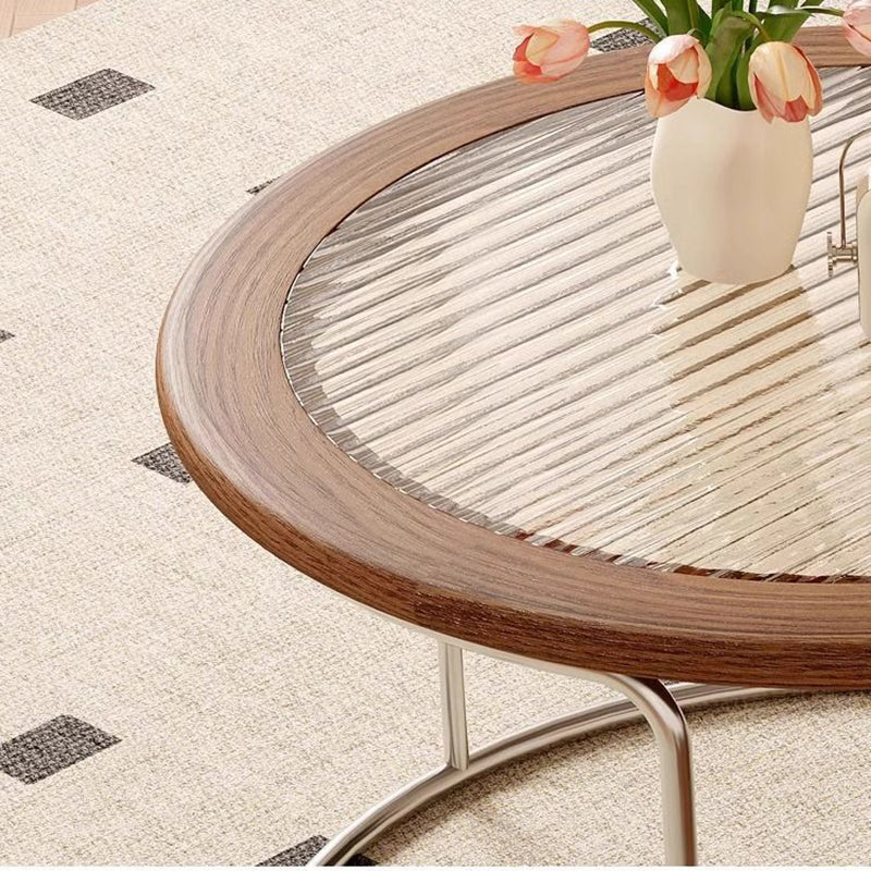 Traditional French Sintered Stone Glass Solid Wood Plywood Stainless Steel Round Curved Coffee Table With 1-Tier For Living Room