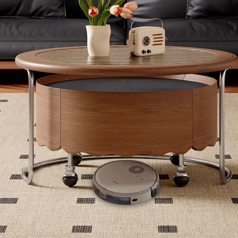 Traditional French Sintered Stone Glass Solid Wood Plywood Stainless Steel Round Curved Coffee Table With 1-Tier For Living Room