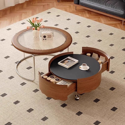 Traditional French Sintered Stone Glass Solid Wood Plywood Stainless Steel Round Curved Coffee Table With 1-Tier For Living Room