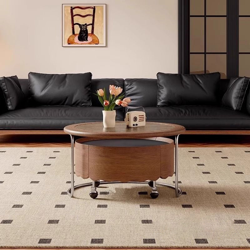 Traditional French Sintered Stone Glass Solid Wood Plywood Stainless Steel Round Curved Coffee Table With 1-Tier For Living Room