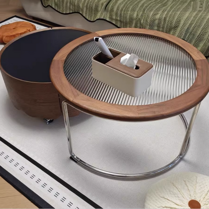 Traditional French Sintered Stone Glass Solid Wood Plywood Stainless Steel Round Curved Coffee Table With 1-Tier For Living Room