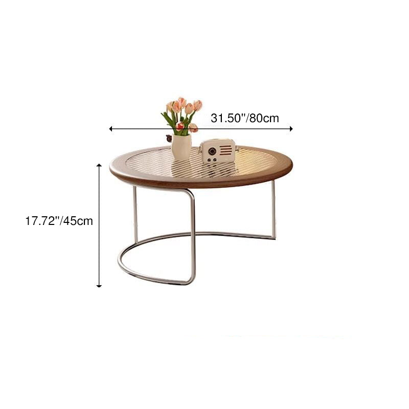 Traditional French Sintered Stone Glass Solid Wood Plywood Stainless Steel Round Curved Coffee Table With 1-Tier For Living Room