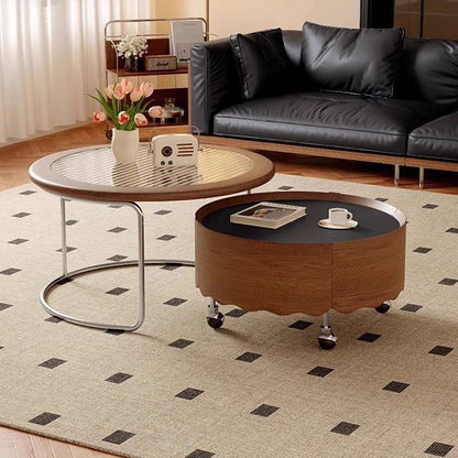 Traditional French Sintered Stone Glass Solid Wood Plywood Stainless Steel Round Curved Coffee Table With 1-Tier For Living Room