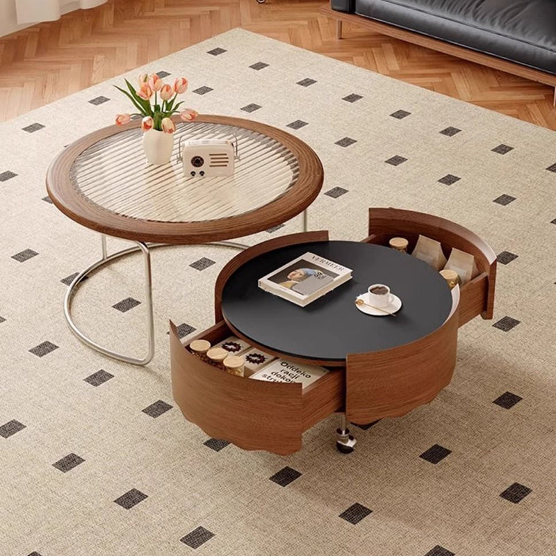 Traditional French Sintered Stone Glass Solid Wood Plywood Stainless Steel Round Curved Coffee Table With 1-Tier For Living Room