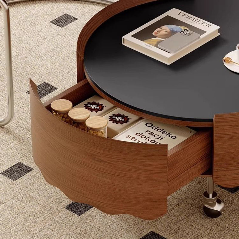Traditional French Sintered Stone Glass Solid Wood Plywood Stainless Steel Round Curved Coffee Table With 1-Tier For Living Room