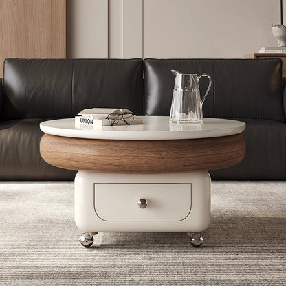 Traditional French Sintered Stone Solid Wood Plywood Metal Round Curved Square Coffee Table With 1-Drawer For Living Room