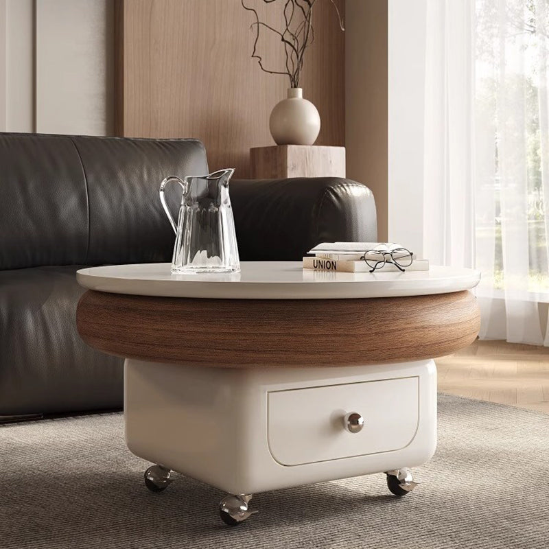 Traditional French Sintered Stone Solid Wood Plywood Metal Round Curved Square Coffee Table With 1-Drawer For Living Room
