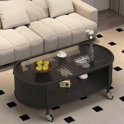 Modern Minimalist Glass Metal Movable Elongated Oval Coffee Table With 2 Tiers For Living Room