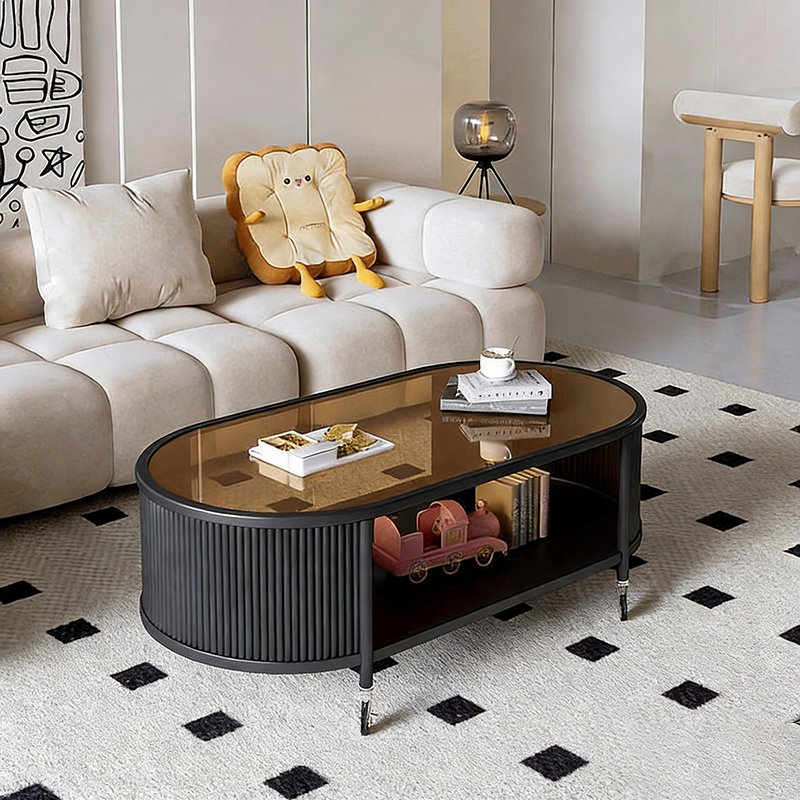 Modern Minimalist Glass Metal Movable Elongated Oval Coffee Table With 2 Tiers For Living Room