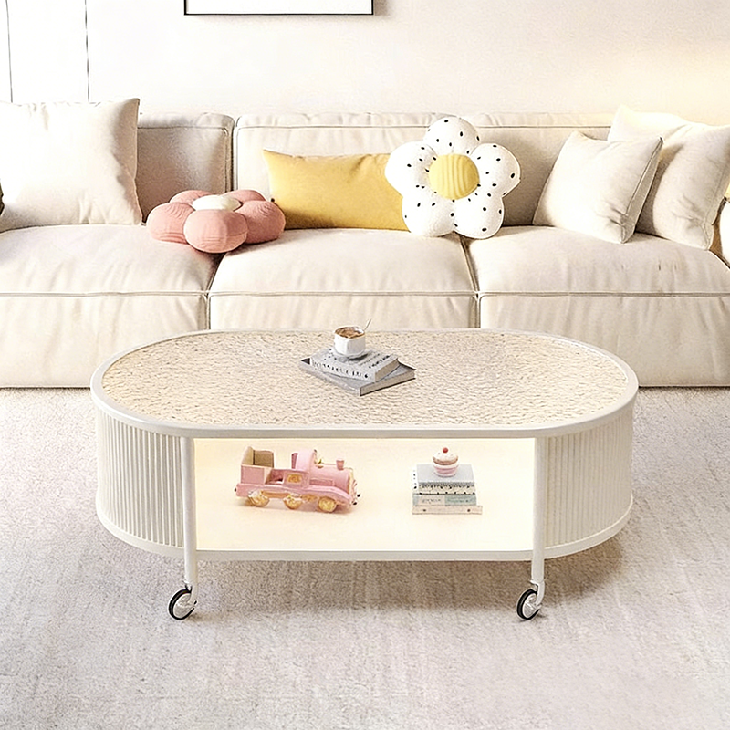 Modern Minimalist Glass Metal Movable Elongated Oval Coffee Table With 2 Tiers For Living Room