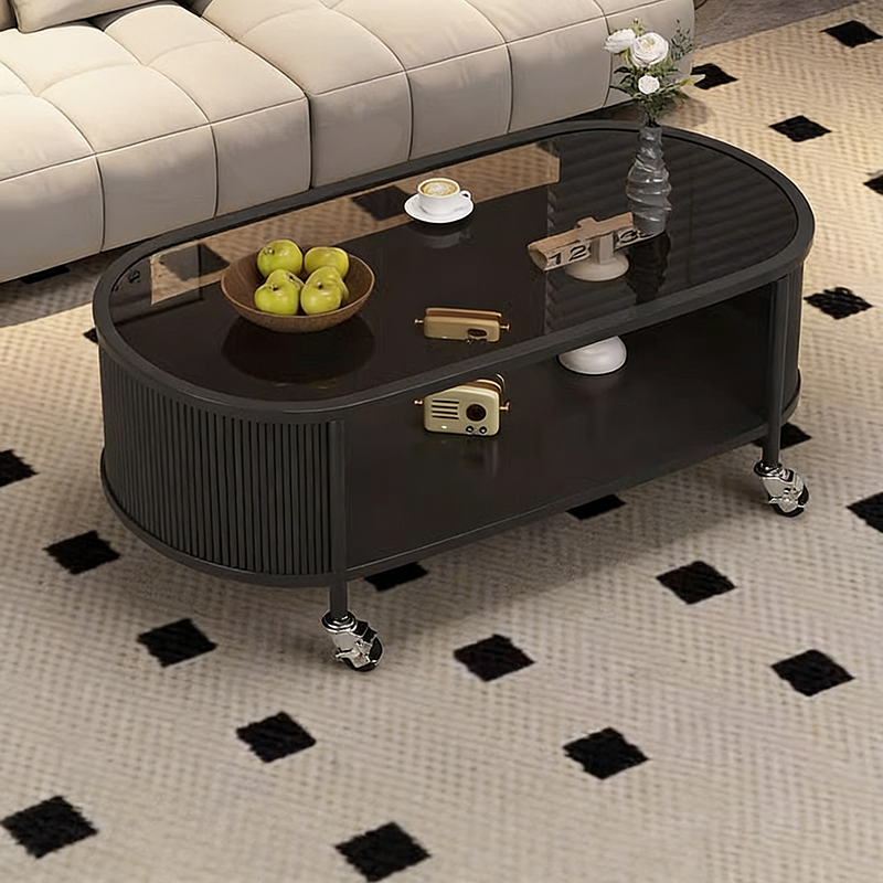 Modern Minimalist Glass Metal Movable Elongated Oval Coffee Table With 2 Tiers For Living Room
