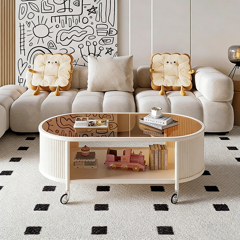 Modern Minimalist Glass Metal Movable Elongated Oval Coffee Table With 2 Tiers For Living Room