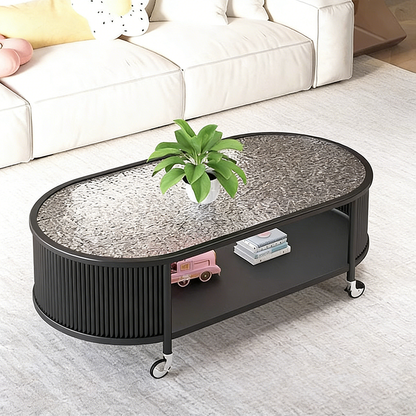 Modern Minimalist Glass Metal Movable Elongated Oval Coffee Table With 2 Tiers For Living Room
