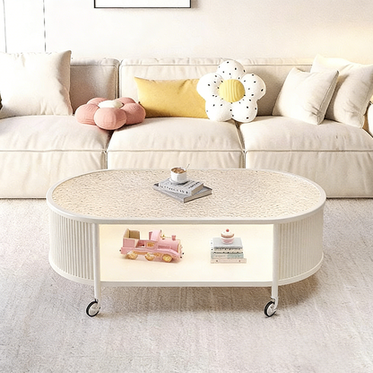 Modern Minimalist Glass Metal Movable Elongated Oval Coffee Table With 2 Tiers For Living Room