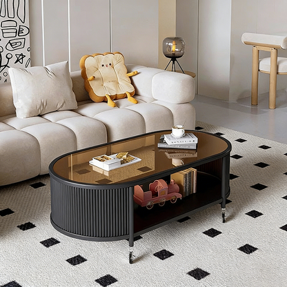 Modern Minimalist Glass Metal Movable Elongated Oval Coffee Table With 2 Tiers For Living Room