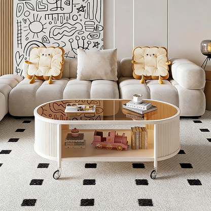 Modern Minimalist Glass Metal Movable Elongated Oval Coffee Table With 2 Tiers For Living Room