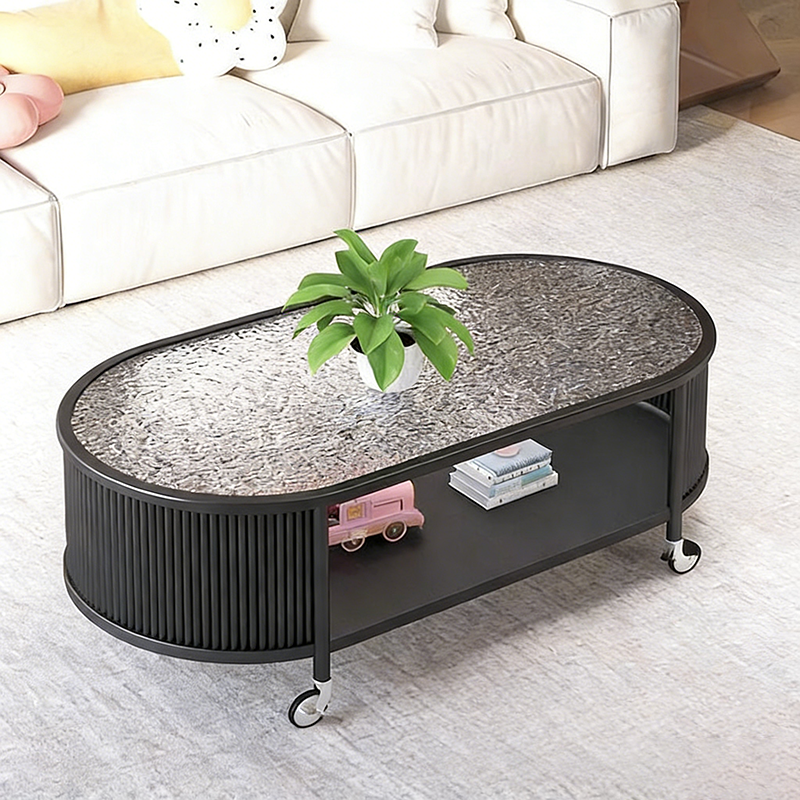 Modern Minimalist Glass Metal Movable Elongated Oval Coffee Table With 2 Tiers For Living Room