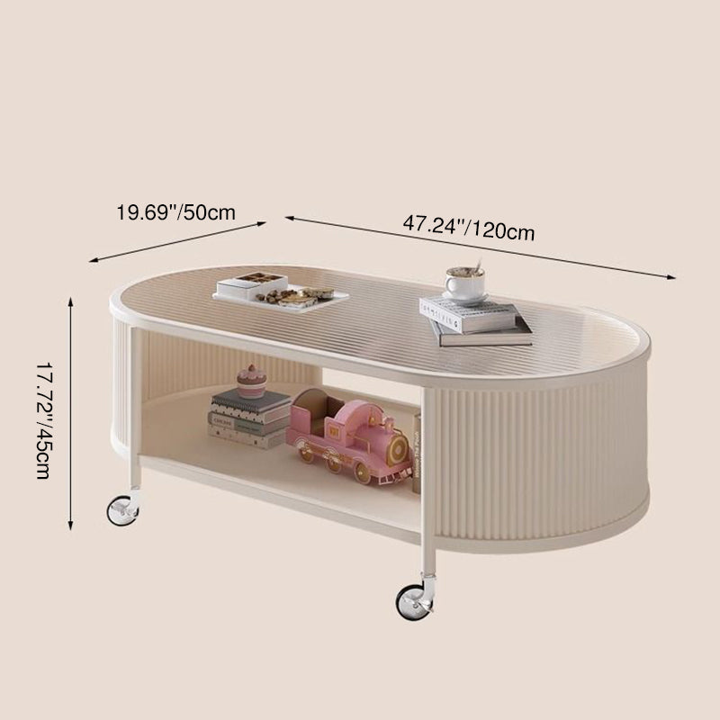 Modern Minimalist Glass Metal Movable Elongated Oval Coffee Table With 2 Tiers For Living Room
