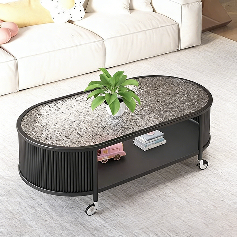 Modern Minimalist Glass Metal Movable Elongated Oval Coffee Table With 2 Tiers For Living Room