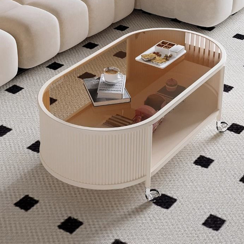 Modern Minimalist Glass Metal Movable Elongated Oval Coffee Table With 2 Tiers For Living Room