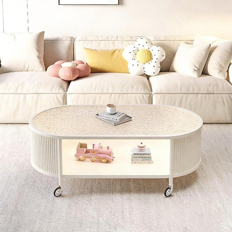 Modern Minimalist Glass Metal Movable Elongated Oval Coffee Table With 2 Tiers For Living Room