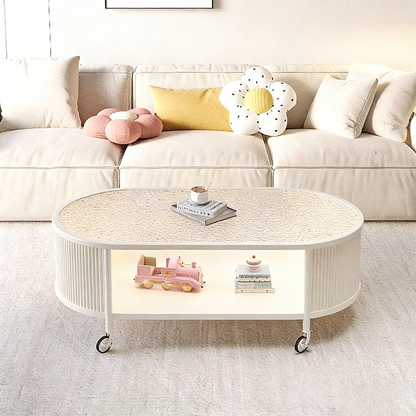 Modern Minimalist Glass Metal Movable Elongated Oval Coffee Table With 2 Tiers For Living Room