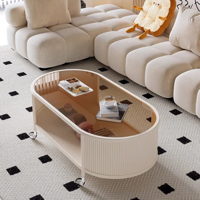 Modern Minimalist Glass Metal Movable Elongated Oval Coffee Table With 2 Tiers For Living Room