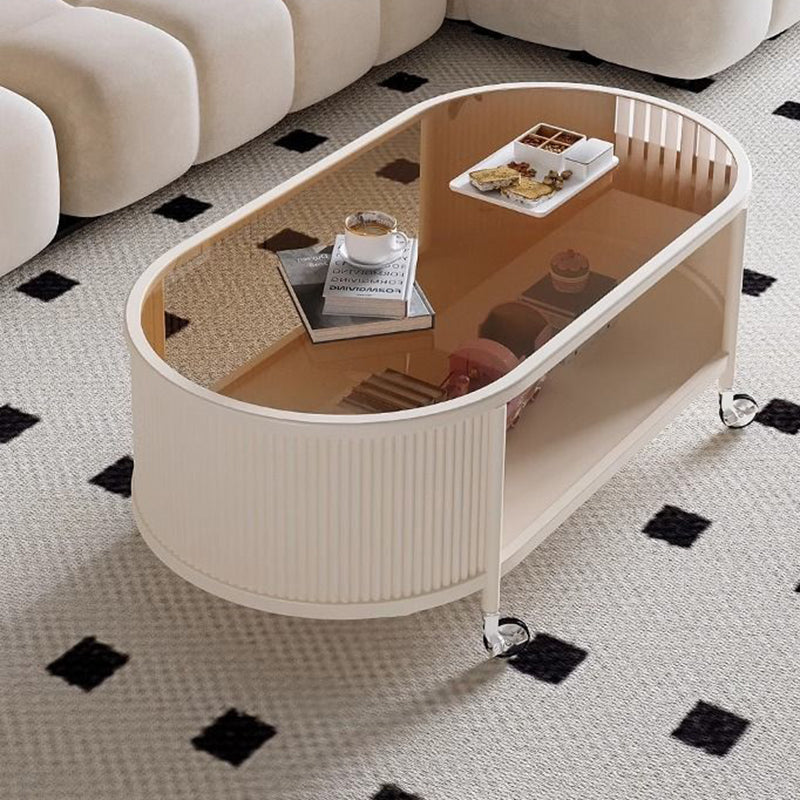 Modern Minimalist Glass Metal Movable Elongated Oval Coffee Table With 2 Tiers For Living Room