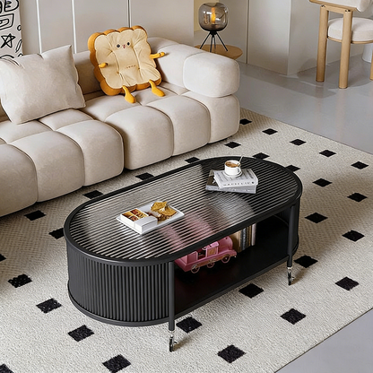 Modern Minimalist Glass Metal Movable Elongated Oval Coffee Table With 2 Tiers For Living Room