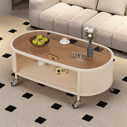 Modern Minimalist Glass Metal Movable Elongated Oval Coffee Table With 2 Tiers For Living Room