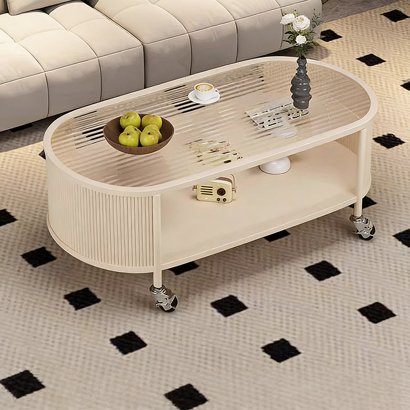 Modern Minimalist Glass Metal Movable Elongated Oval Coffee Table With 2 Tiers For Living Room