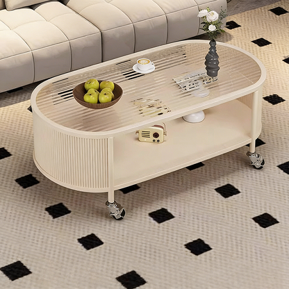 Modern Minimalist Glass Metal Movable Elongated Oval Coffee Table With 2 Tiers For Living Room