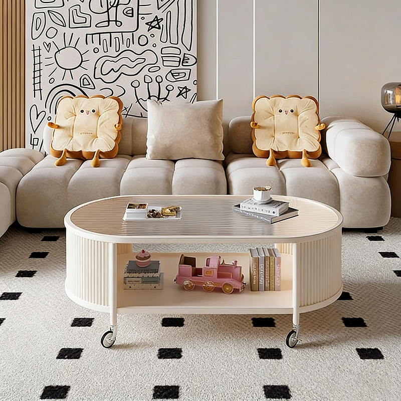 Modern Minimalist Glass Metal Movable Elongated Oval Coffee Table With 2 Tiers For Living Room