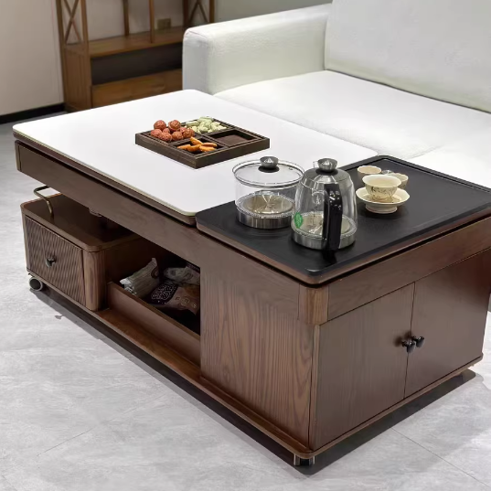 Traditional French Sintered Stone Ash Wood Movable Rectangular Coffee Table With 2 Tiers For Living Room