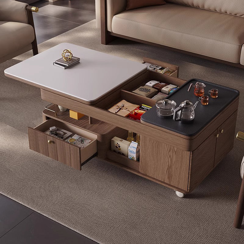 Traditional French Sintered Stone Ash Wood Movable Rectangular Coffee Table With 2 Tiers For Living Room