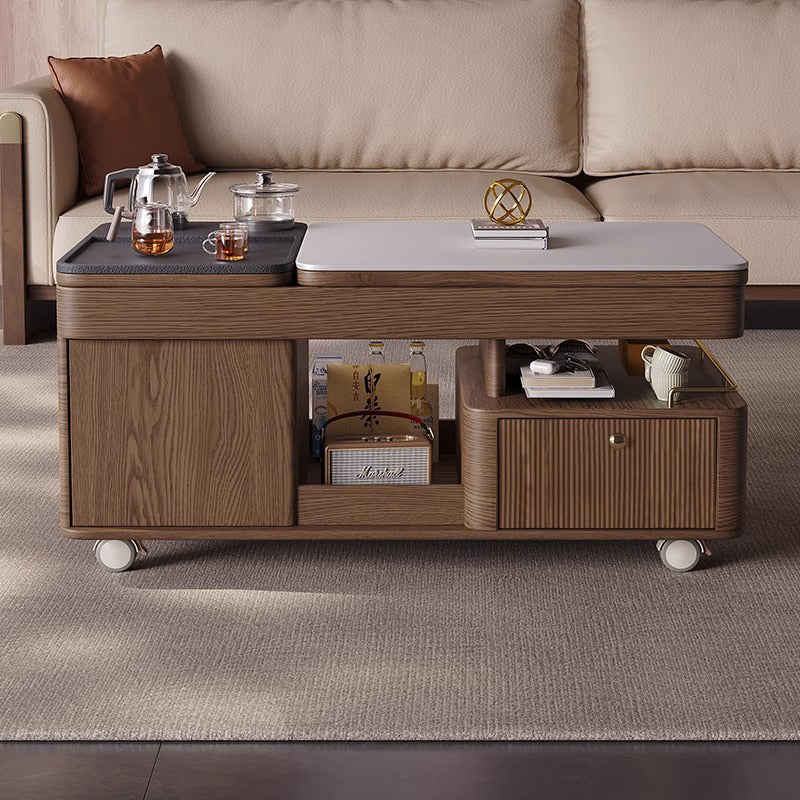 Traditional French Sintered Stone Ash Wood Movable Rectangular Coffee Table With 2 Tiers For Living Room