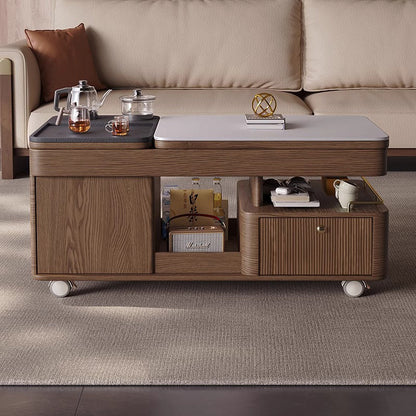 Traditional French Sintered Stone Ash Wood Movable Rectangular Coffee Table With 2 Tiers For Living Room