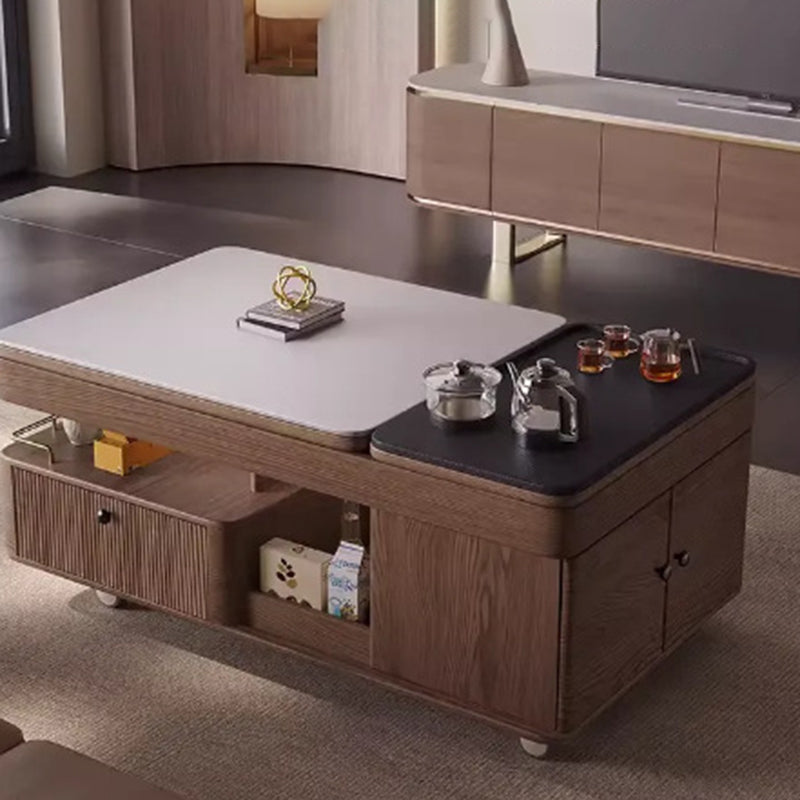 Traditional French Sintered Stone Ash Wood Movable Rectangular Coffee Table With 2 Tiers For Living Room