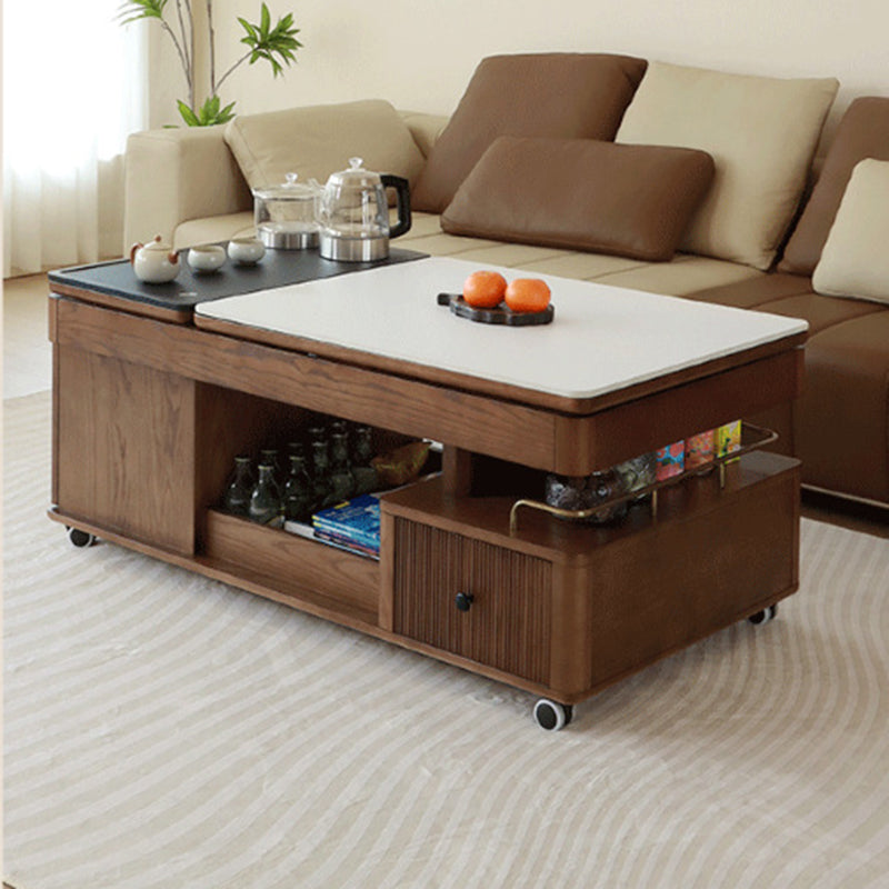 Traditional French Sintered Stone Ash Wood Movable Rectangular Coffee Table With 2 Tiers For Living Room