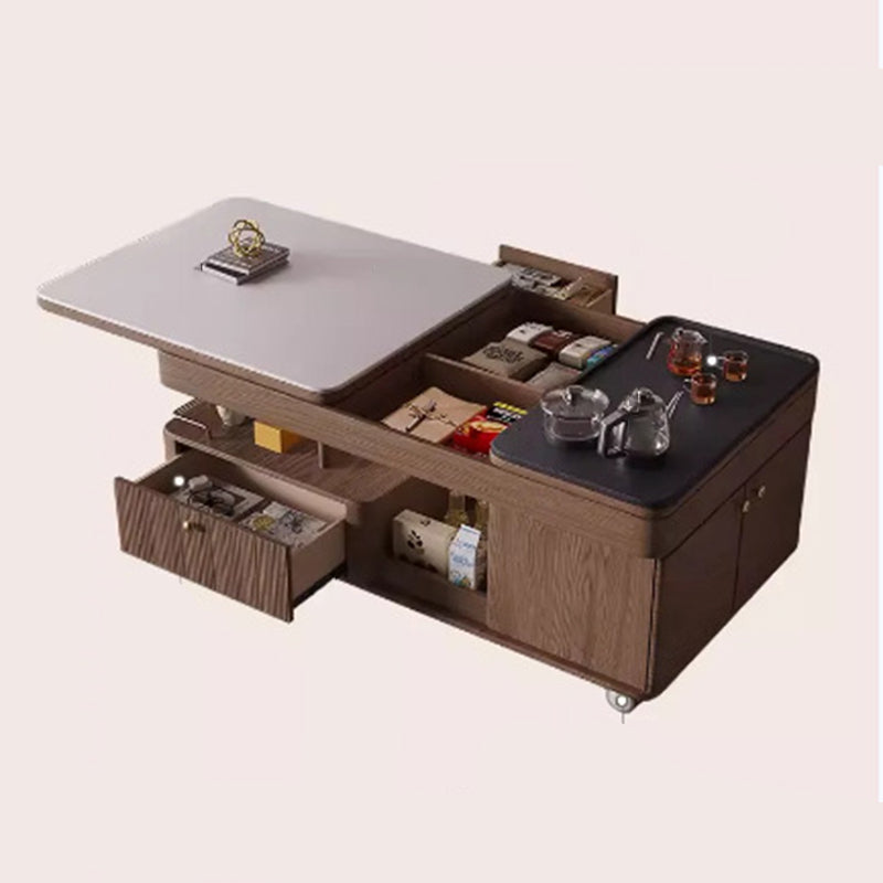 Traditional French Sintered Stone Ash Wood Movable Rectangular Coffee Table With 2 Tiers For Living Room