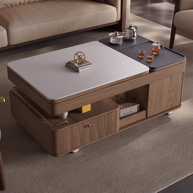 Traditional French Sintered Stone Ash Wood Movable Rectangular Coffee Table With 2 Tiers For Living Room