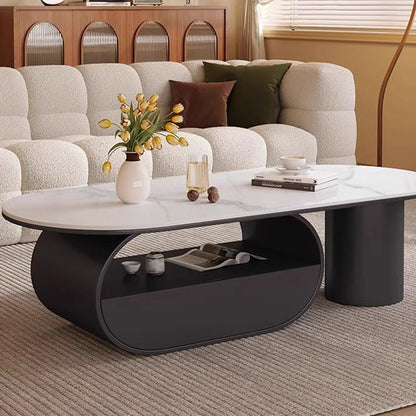 Traditional French Sintered Stone Iron Long Oval Coffee Table With 2 Tiers For Living Room