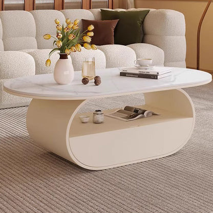 Traditional French Sintered Stone Iron Long Oval Coffee Table With 2 Tiers For Living Room